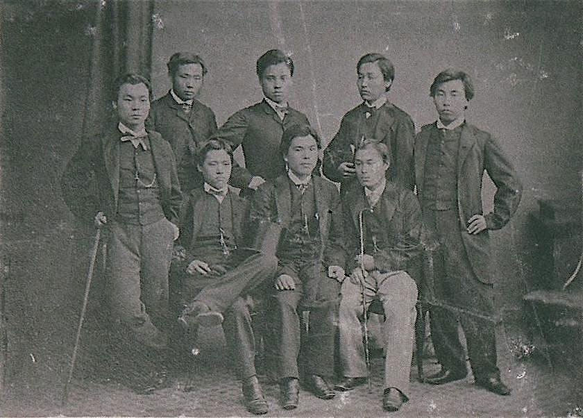 Eight of the Satsuma Students in London, 2 August 1865. Back row (left – right): Hatakeyama Yoshinari, Takami Yaichi, Murahashi Hisanari, Tōgō Ainoshin, Nagoya Tokinari. Front row (left – right): Mori Arinori, Matsumura Junzō, Nakamura Hakuai. Courtesy of Kagoshima Prefectural Library